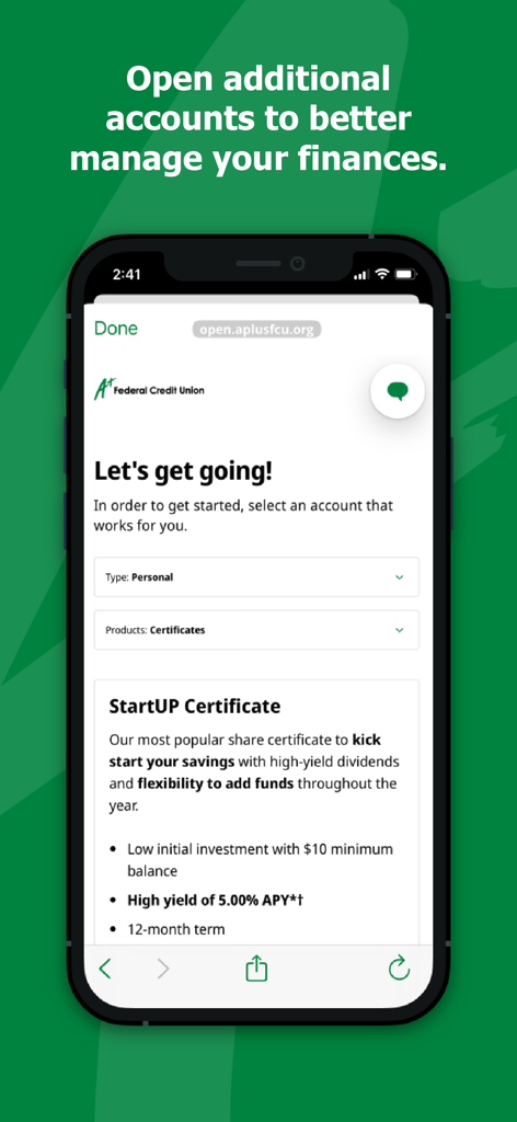 Interface de l'application A+ Mobile montrant un écran pour ouvrir un nouveau certificat StartUP avec un TAEG de 5,00%.