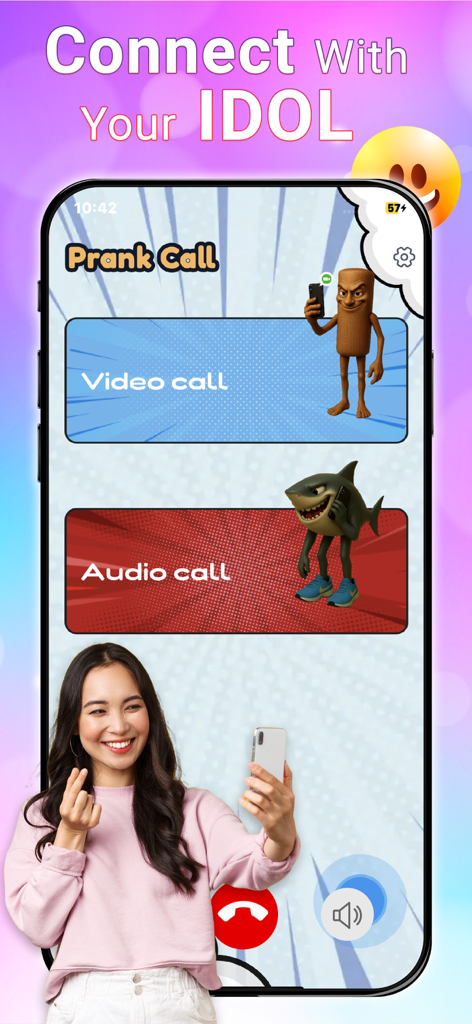 Idol Prank Call - Chat & Video - Interface of Idol Prank Call app showing buttons for video and audio calls with funny characters
