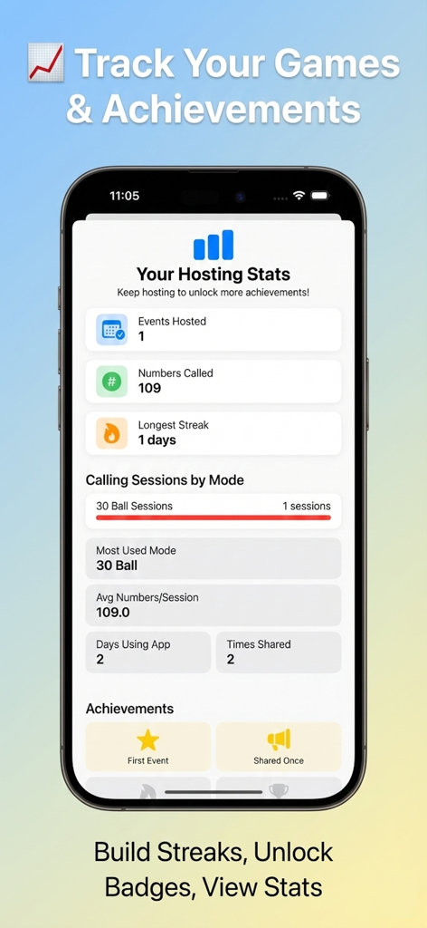 Bingo Number Caller - A smartphone screen displaying the hosting statistics and achievement dashboard for the Bingo Number Caller app