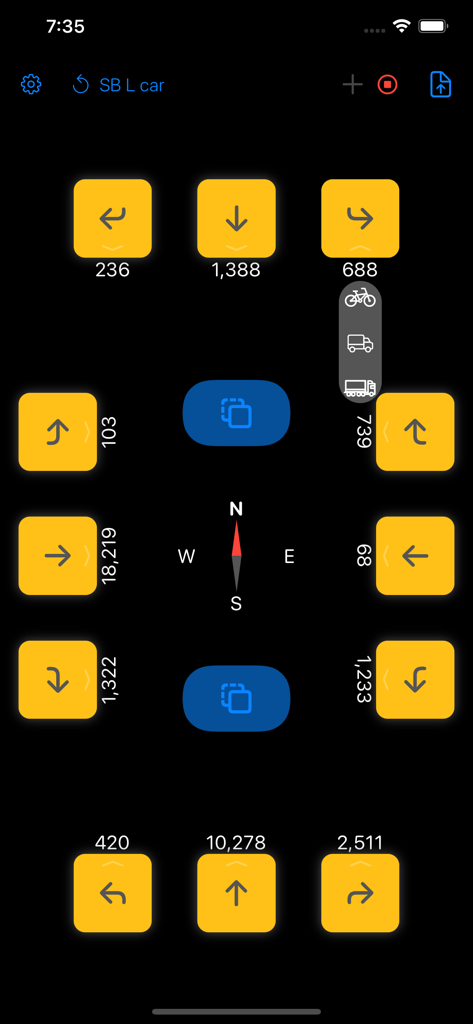 Traffic Count Pro - TMC - Eine digitale Oberfläche zur Zählung von Bewegungen im Verkehr, die Richtungstasten und Verkehrszählungen für eine Kreuzungsstudie anzeigt.