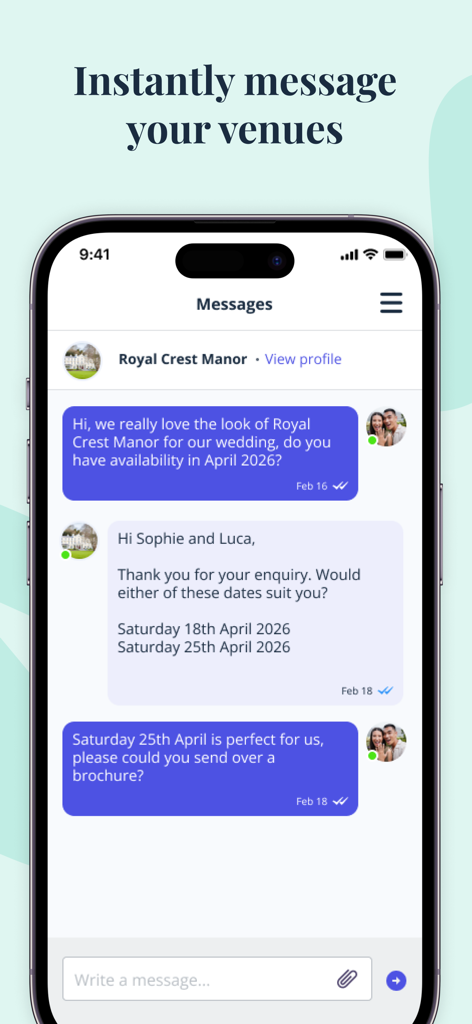 Bridebook - #1 Wedding Planner - Interface do aplicativo Bridebook mostrando uma conversa de chat com um local de casamento sobre disponibilidade de datas