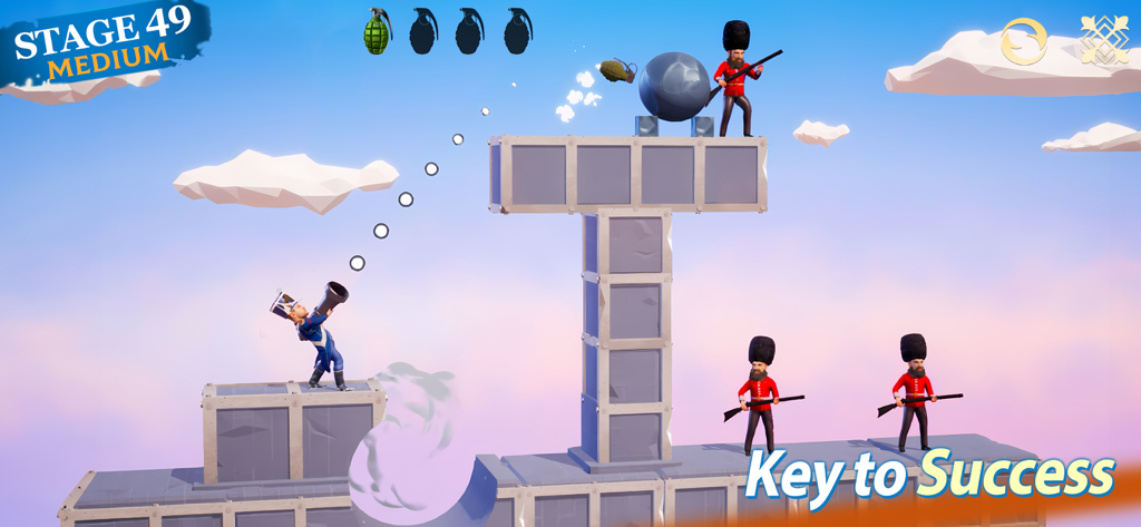 A gameplay screenshot of Stormshot showing a character aiming a projectile with a dotted trajectory line in a physics based puzzle level.
