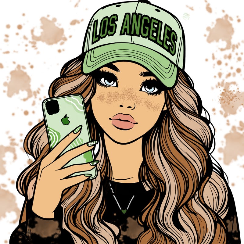 realistic beautiful girl wearing los ángeles cap holding an iphone