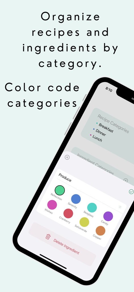 Zest Recipe Planner - Zest 레시피 플래너 앱 인터페이스, iPhone에서 레시피 및 재료 카테고리 구성 및 색상 코드 지정 방법 표시