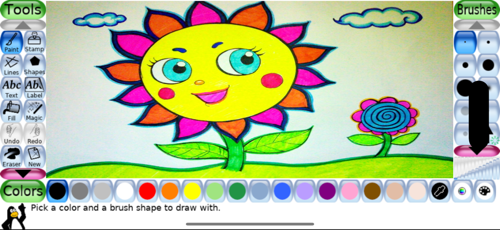 Children Tux Paint - Children Tux Paint app interface featuring a colorful sunflower drawing and creative tools