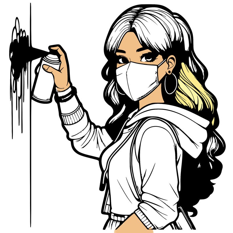 realistic girl with mask spray painting a wall