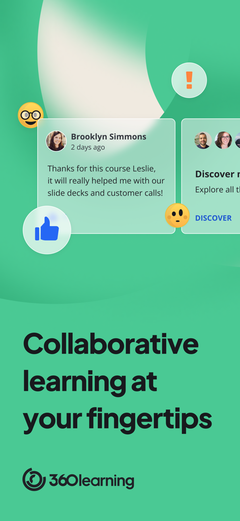 360Learning mobile interface displaying collaborative learning and professional training feedback