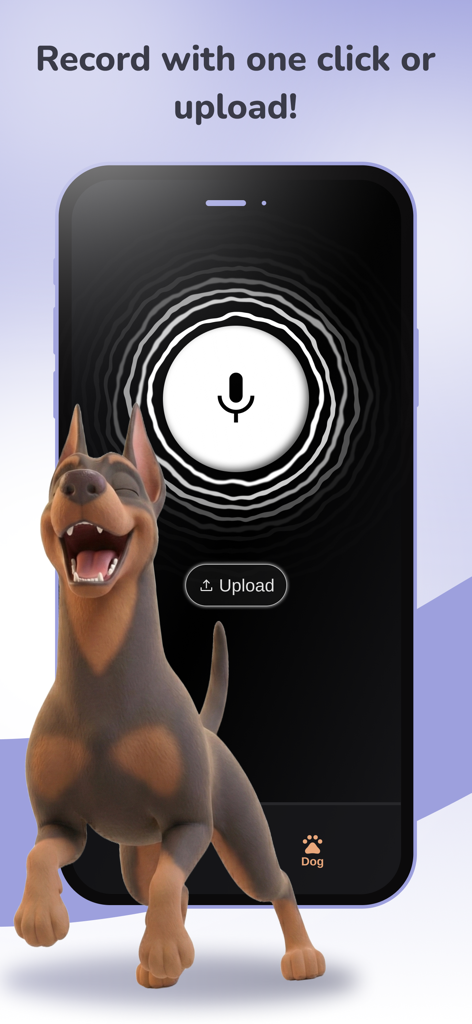 Cat & Dog Translator: Dog Talk - Dog Translator app screen for recording pet sounds with a 3D animated dog