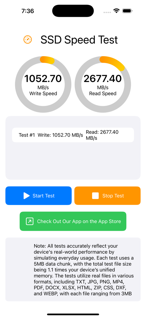 SSD Performance Test - Interface do aplicativo Teste de Velocidade SSD mostrando resultados de velocidade de gravação e leitura com medidores e botão iniciar