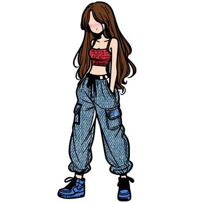 girl in baggy pants crop top and long hair