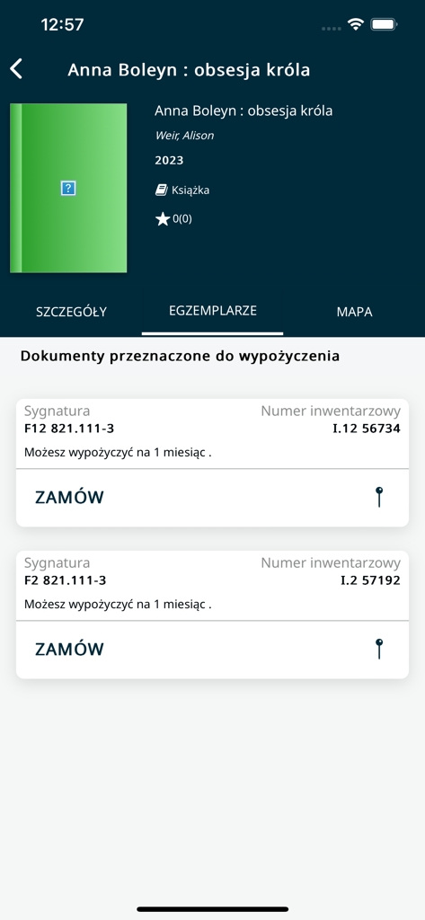 MBP Szczecin - mProlib - Book details and loan reservation interface in the MBP Szczecin mProlib library app.