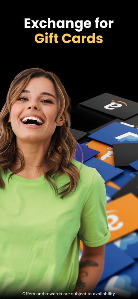 A happy woman in a green shirt next to Amazon and PayPal gift card icons