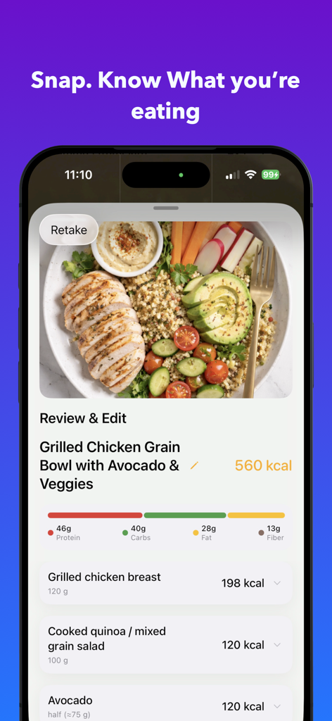 helian - AI Calorie Counter - A smartphone showing the Helian app identifying calories and macros from a photo of a grilled chicken bowl.
