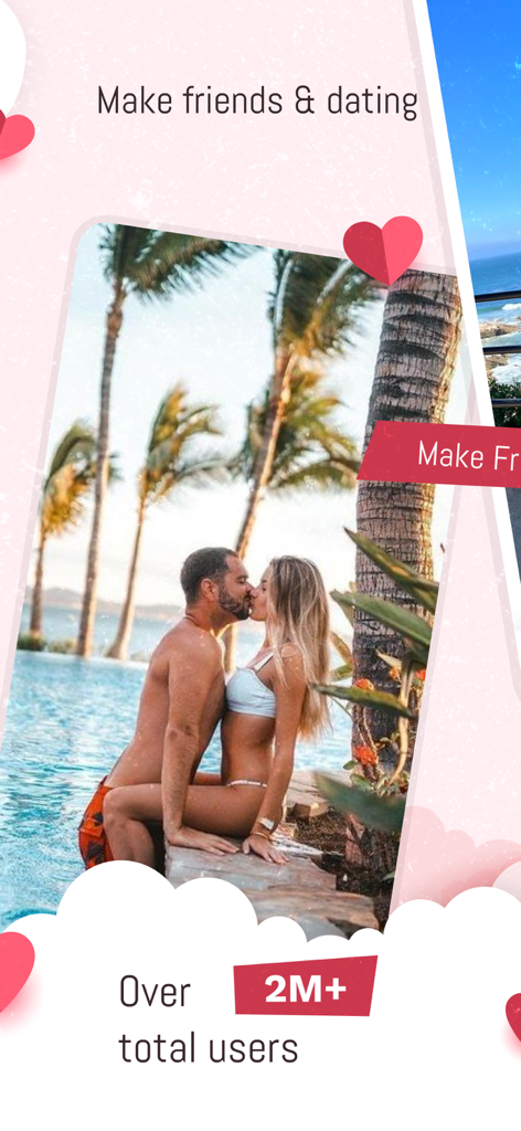 Hullo - AI Matchmaking Dating - Un couple s'embrassant près d'une piscine tropicale avec un texte indiquant plus de 2 millions d'utilisateurs au total sur l'application de rencontres Hullo