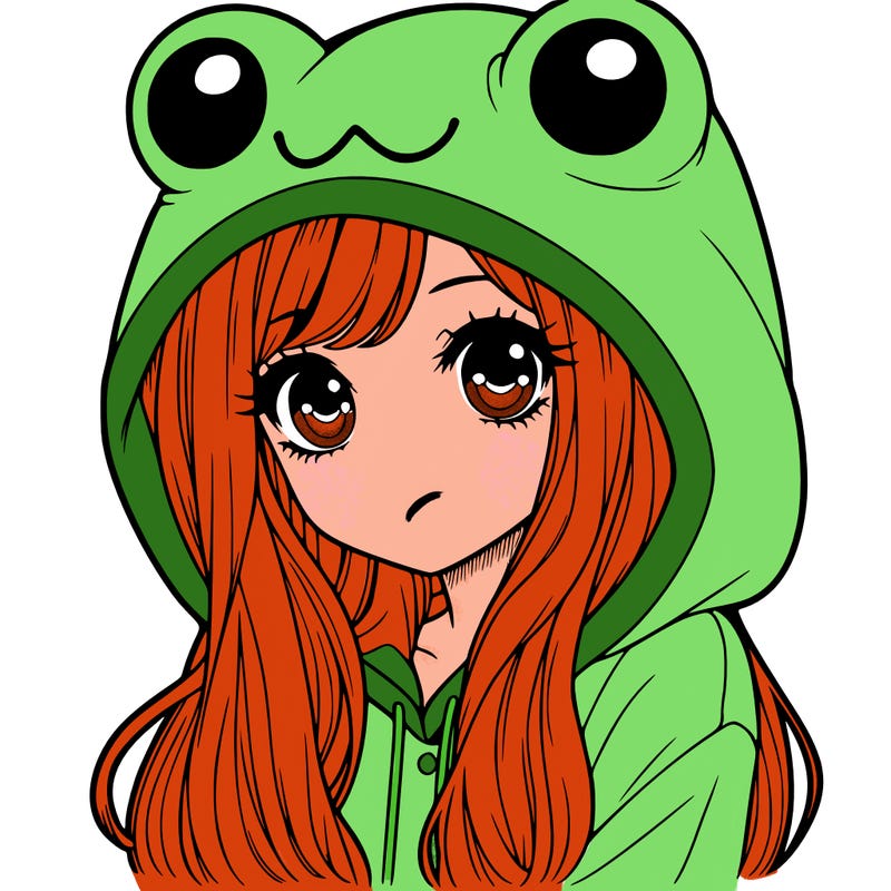 a pretty girl wearing a frog hoodie portrait with long hair