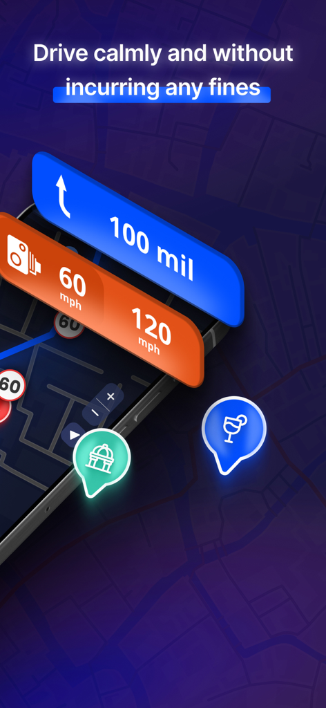 MapXplorer: Map Radar Navigate - MapXplorer app interface showing navigation with speed limit alerts and radar detection to avoid fines.