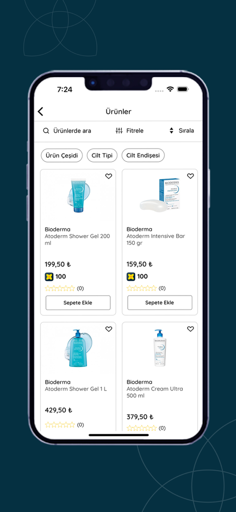 Naos Stars - 価格とロイヤルティポイントが表示されたBiodermaスキンケア製品のカタログが表示されたNaos Starsモバイルアプリのインターフェース