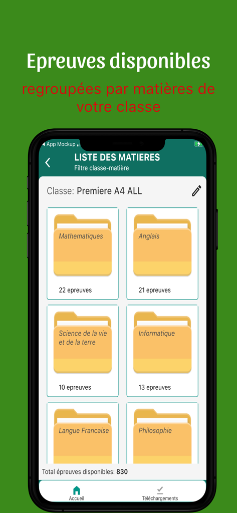 Hazon School app interface showing a list of academic subjects and exam materials for students.