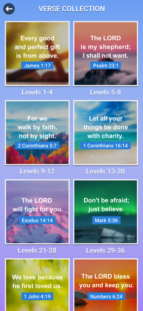 Holyscapes - Bible Word Game - A menu screen titled Verse Collection showing Bible verses over scenic landscape backgrounds organized by game levels