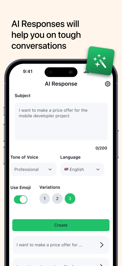 KI-Antwortgenerator-Oberfläche zum Erstellen professioneller Nachrichten mit einstellbarem Ton und Spracheinstellungen.