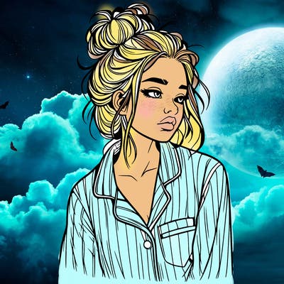 realistic woman with pajamas on and a messy bun