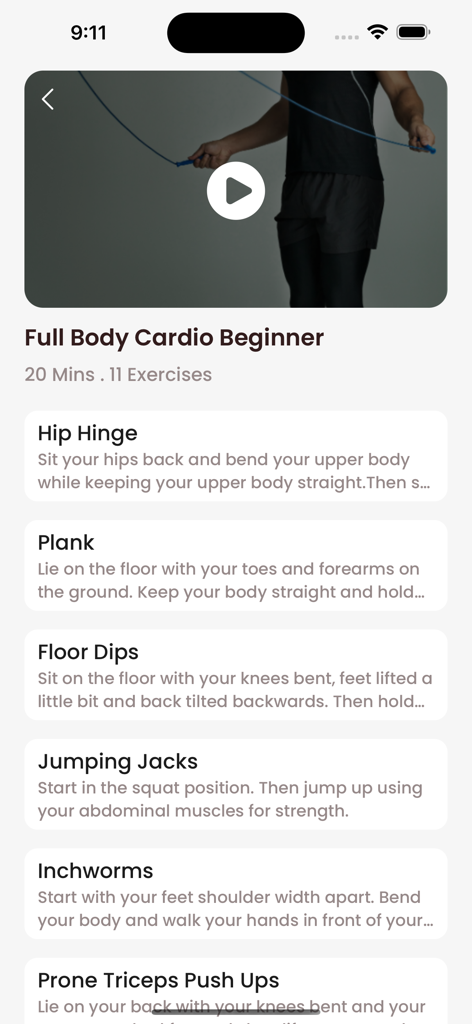 Home WorkOut No equipments - Una pantalla móvil que muestra una lista de ejercicios de cardio para todo el cuerpo para principiantes, que incluyen planchas y saltos.