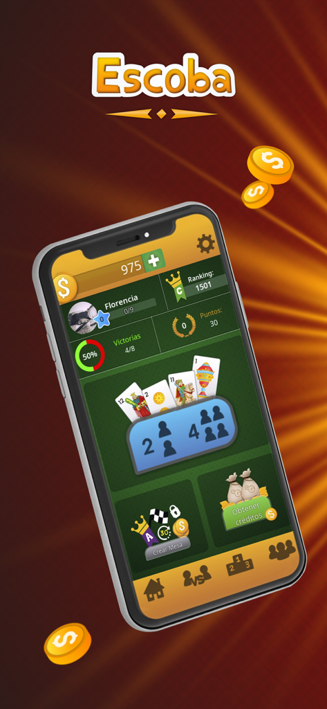 Escoba de 15 by ConectaGames - Menú principal de la aplicación del juego de cartas Escoba de 15 mostrando estadísticas de jugador y opciones de juego