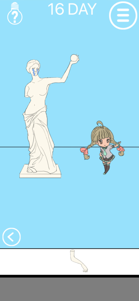 Hidden my ramen by mom 2 - A screenshot of level 16 in Hidden my ramen by mom 2 showing a crying statue and a small anime character