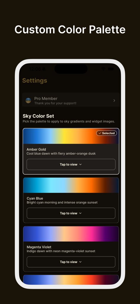 Golden Horizon: Sunrise Sunset - Configuración de paleta de colores personalizada del cielo en la aplicación Golden Horizon de amanecer y atardecer