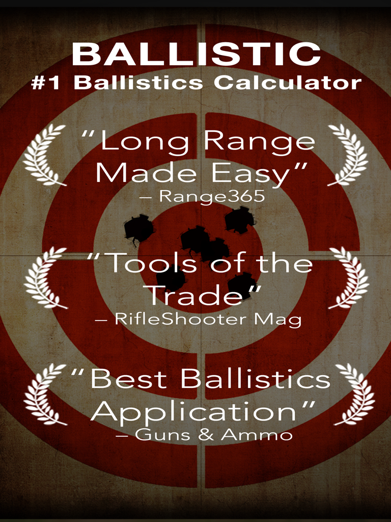 Industry awards and positive reviews for Ballistic iPad Edition calculator displayed over a shooting target.
