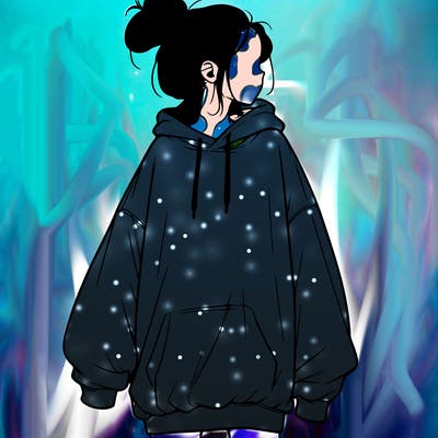 realistic girl with a oversized sweatshirt on and a bun