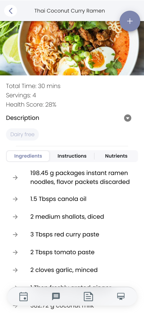 Page de recette de Ramen au curry de noix de coco thaï avec les ingrédients et les informations nutritionnelles dans l'application Waterfront Wellness