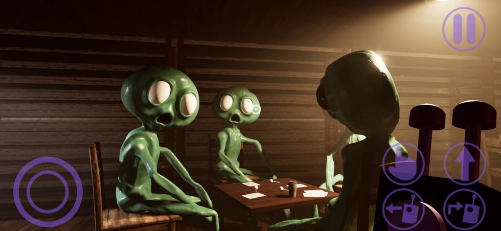 Gameplay screenshot of Garten of Banban 7 showing three green monsters with large eyes sitting around a table in a dark room.