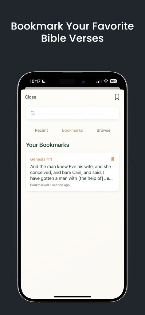 Logos: Bible Chat and Faith - Pantalla de la aplicación Logos Bible Chat que muestra la función de marcador con un versículo guardado del Génesis