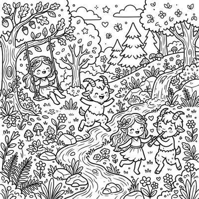 Discover the enchantment of a whimsical forest with this charming Kawaii Nymphs & Satyrs coloring page. Adorable characters frolic amidst nature, ready for your creative touch and a splash of color.