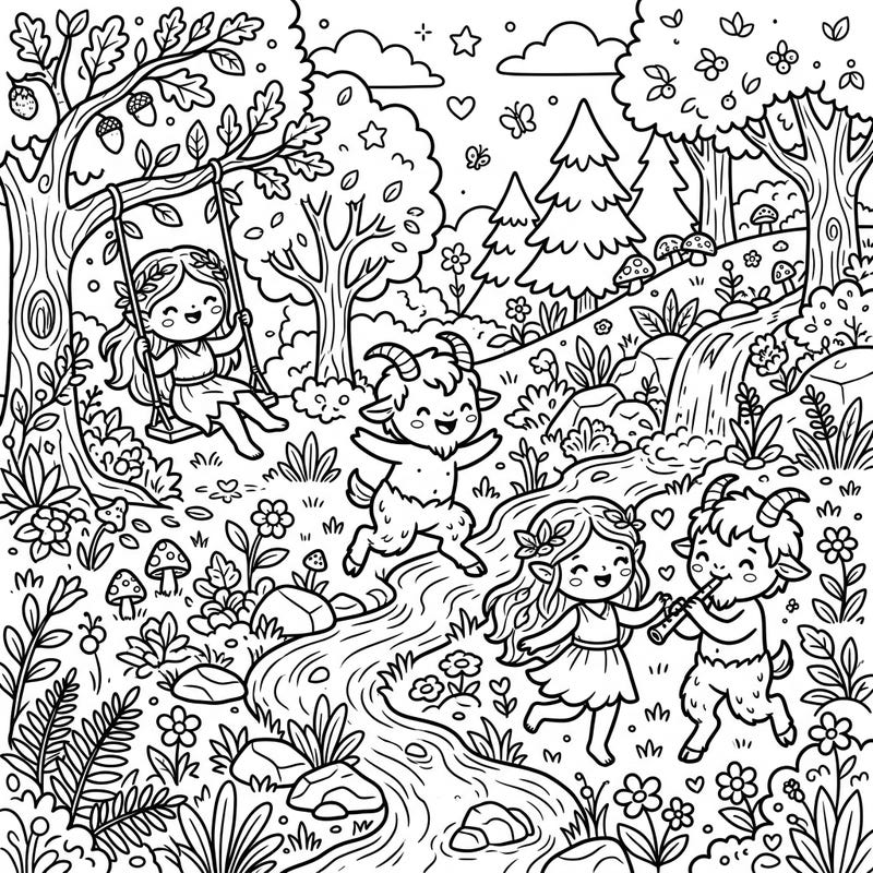 Discover the enchantment of a whimsical forest with this charming Kawaii Nymphs & Satyrs coloring page. Adorable characters frolic amidst nature, ready for your creative touch and a splash of color.