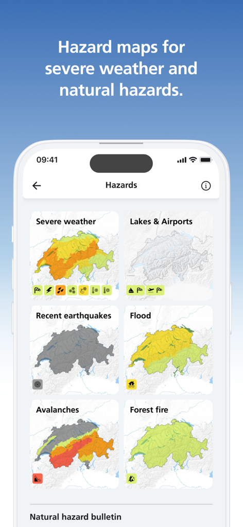 A mobile app interface displaying a grid of natural hazard maps for Switzerland including severe weather, floods, and avalanches.