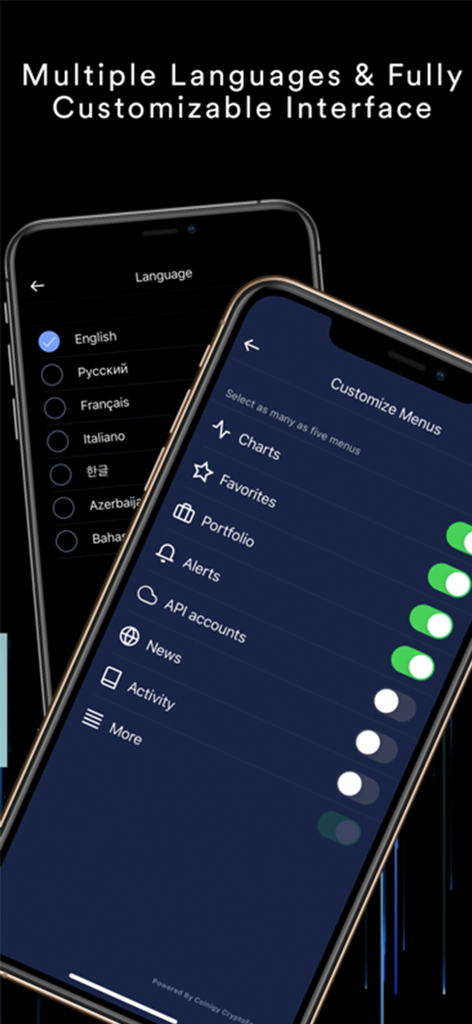 Two mobile screens from the Coinigy app showing the language selection menu and the customizable interface settings for charts and portfolio