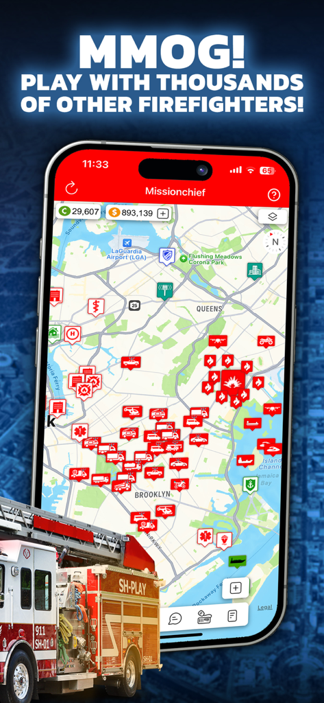 Mission Chief Fire Fighter 911 - Mission Chief 911 mobile app showing an emergency dispatch map of Brooklyn and Queens with real-life icons for fire and medical units.