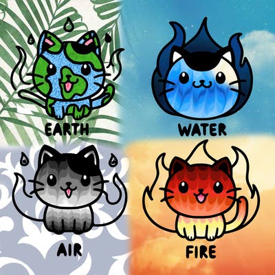 4 cats that are the 4 elements, earth, water, air, fire