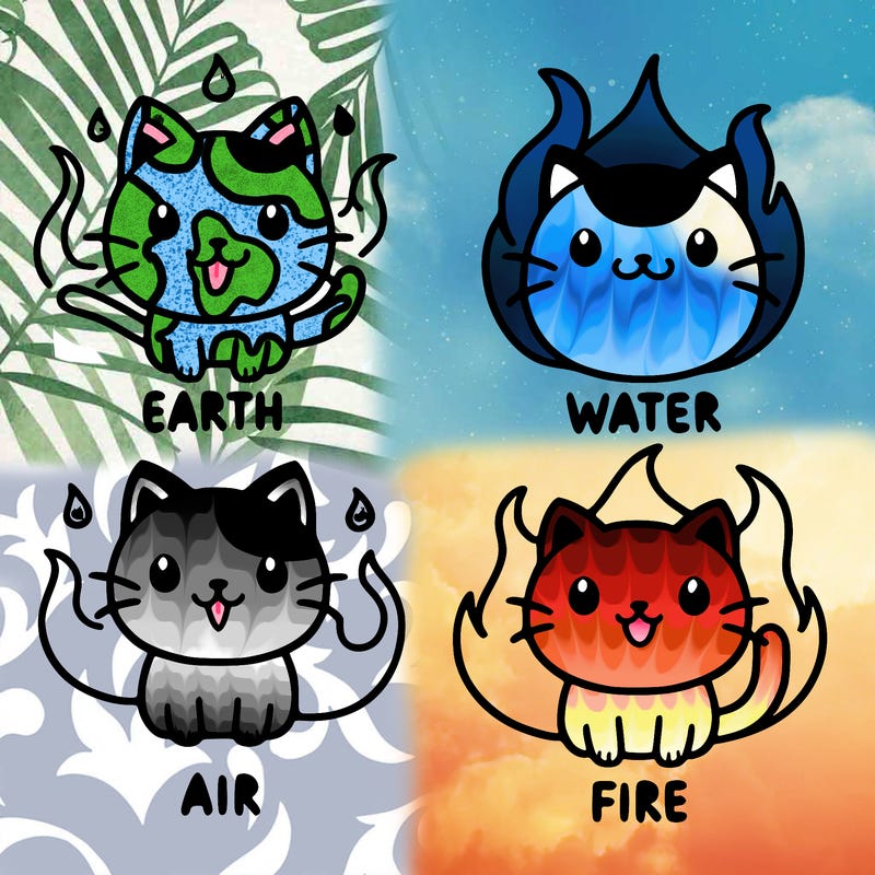 4 cats that are the 4 elements, earth, water, air, fire