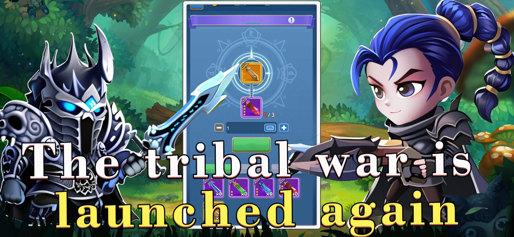 Tempest bastion - Two fantasy warriors flanking a gear upgrade menu in a forest setting with text about a tribal war