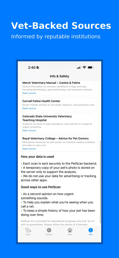 PawScan AI - PawScan AI アプリの画面。信頼できる獣医学の情報源とデータプライバシー情報を示す。