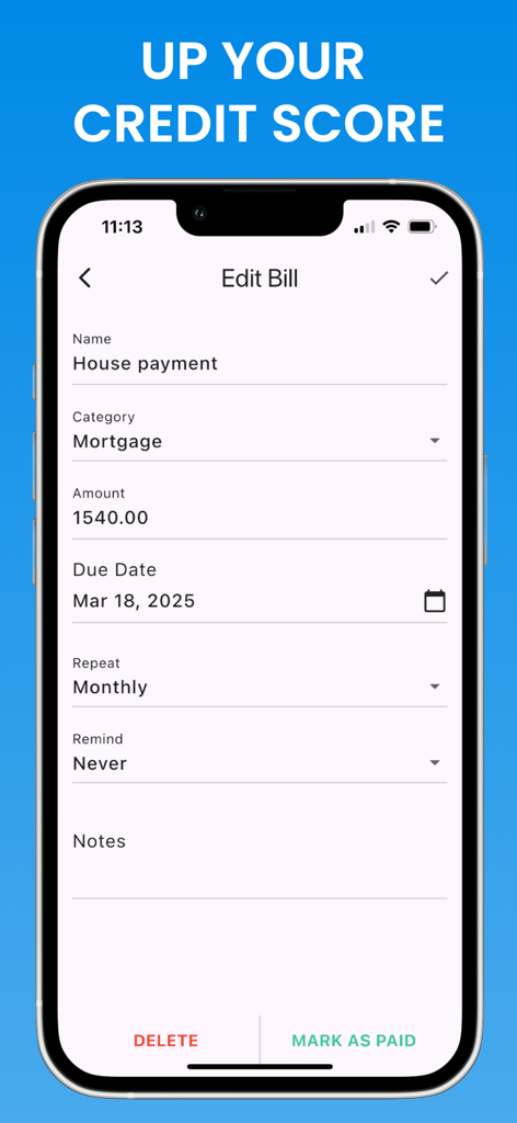 Bills: Organizer & Reminder - Una interfaz móvil para la aplicación Bills que muestra un formulario para editar un pago de hipoteca con campos para monto, fecha de vencimiento y frecuencia.