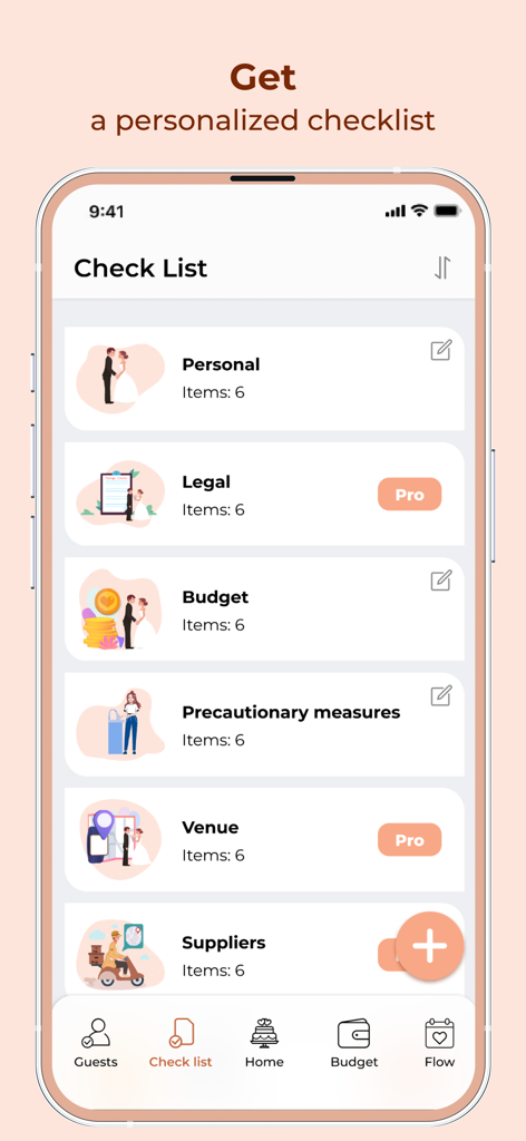 予算、会場、サプライヤーのカテゴリを示すパーソナライズされたウェディングプランニングチェックリスト画面画像