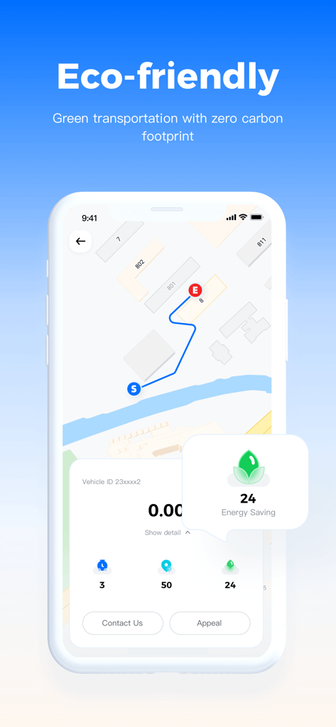 녹색 교통 경로와 에너지 절약 통계를 보여주는 HelloRide 앱 인터페이스