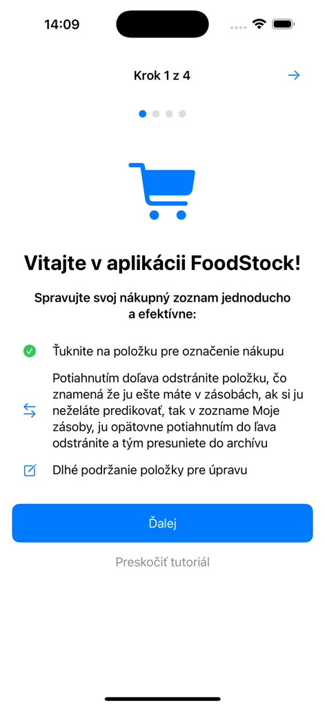 FoodStock - FoodStockアプリのオンボーディング画面には、ようこそメッセージと買い物リストの説明が表示されています