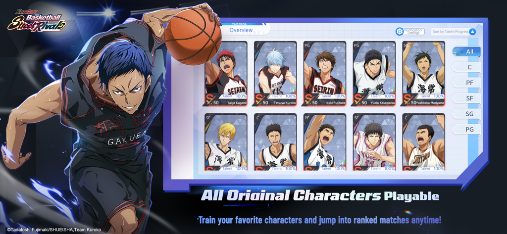 Character roster screen in Kuroko's Basketball Street Rivals featuring original anime players