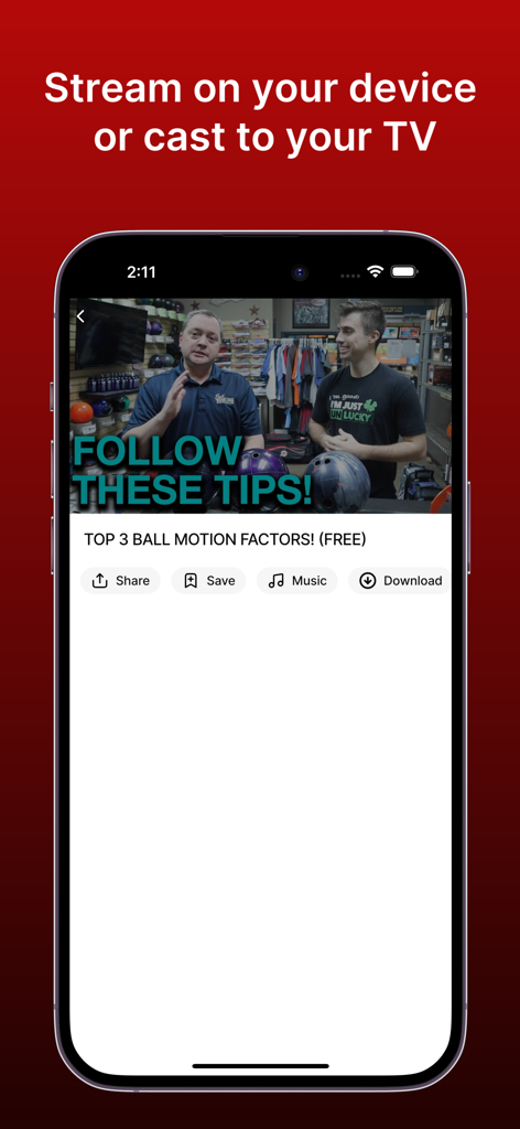 Bowl Like A Pro: Coaching App - Smartphone screen showing a bowling coaching video with options to stream on device or cast to TV.