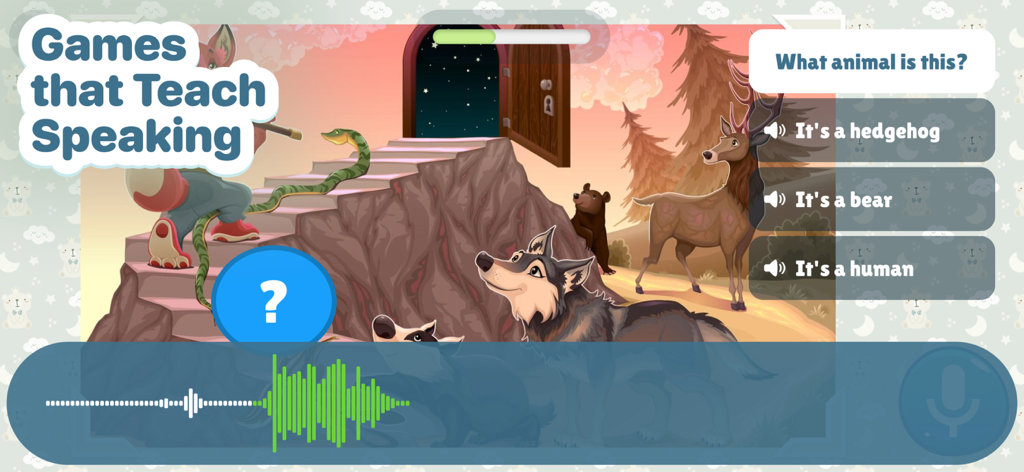 Plingo: English - A children's educational game interface from Plingo English showing a speaking exercise to identify animals.